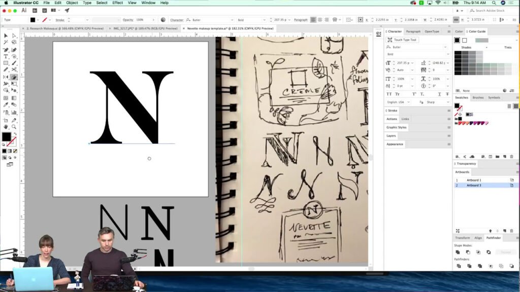 Croquis du monogramme « N » au carnet puis version vectorielle — Anne Bracker
