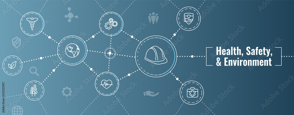Santé, sécurité et environnement (HSE) – set d'icônes et bannière web — Anne Bracker