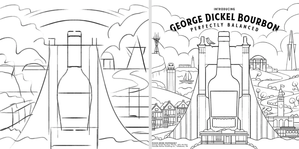 Croquis au trait de la fresque George Dickel — Aldo Crusher