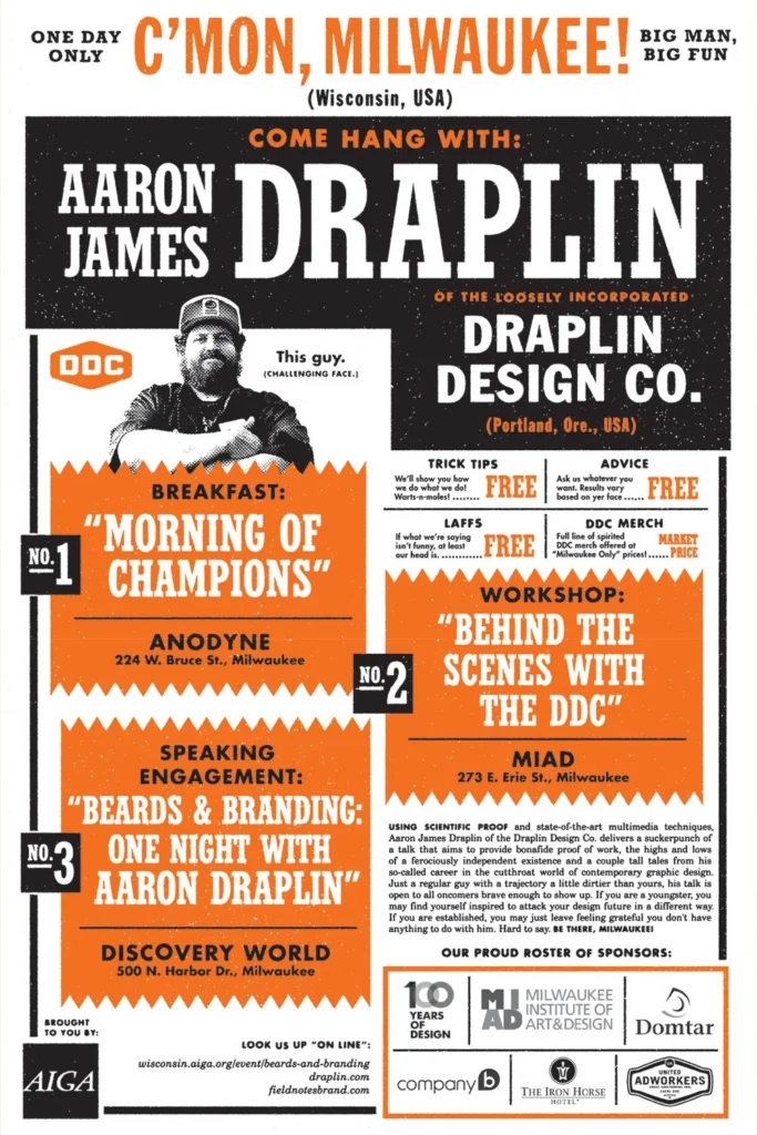 Affiche de conférence « C’mon, Milwaukee! » — Aaron Draplin