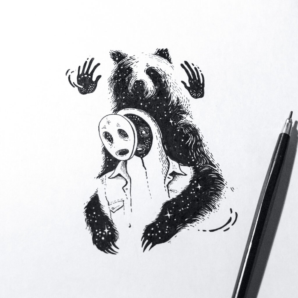 Dessin à l’encre — ours et masque — Ann Fedoseeva
