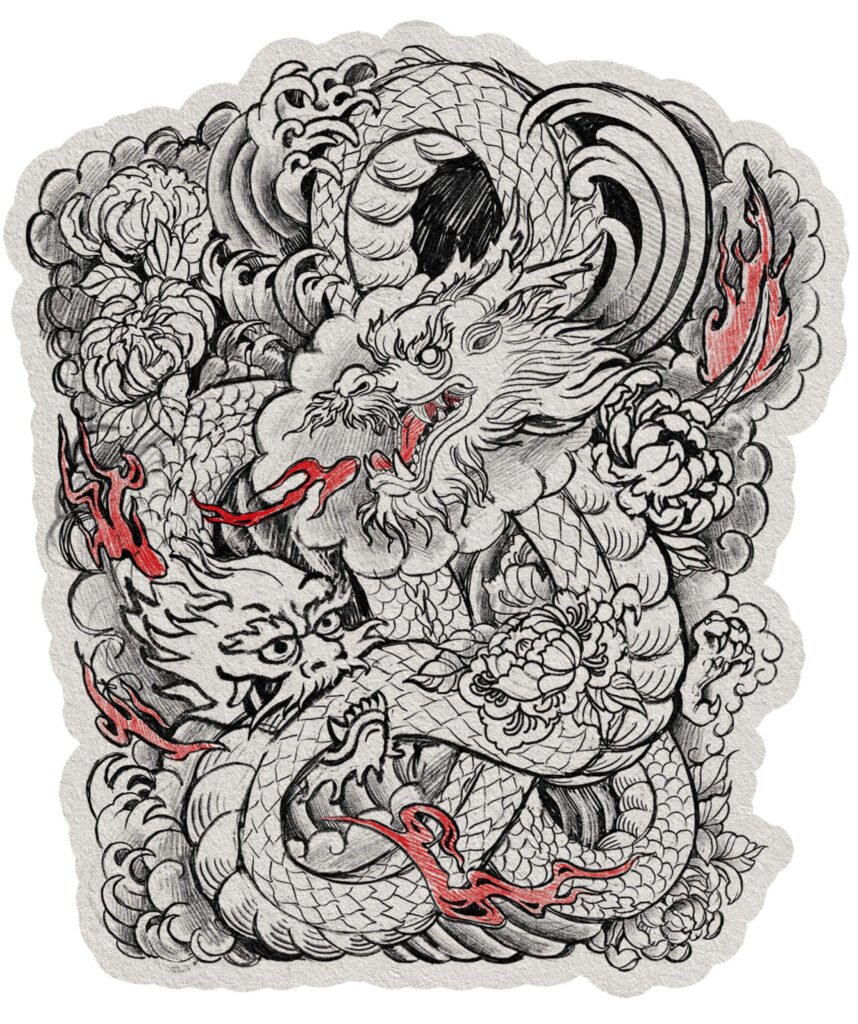 Japanese sleeve — croquis du dragon (étape de travail) — Ann Fedoseeva