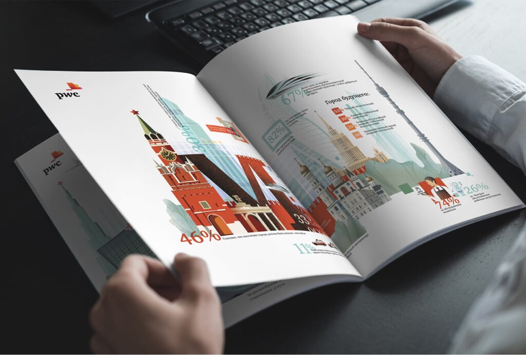 Mégapole du futur (PwC) — double page imprimée — Ann Fedoseeva