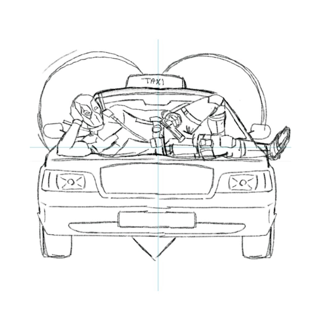 Deadpool : croquis d'une carte (Deadpool sur un taxi) — Brethren Design Co