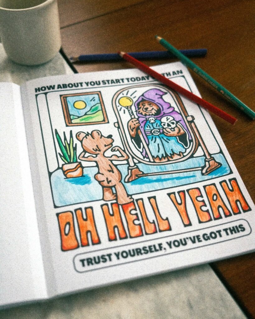 Livre de coloriage — page « Oh Hell Yeah » coloriée — Boring Friends