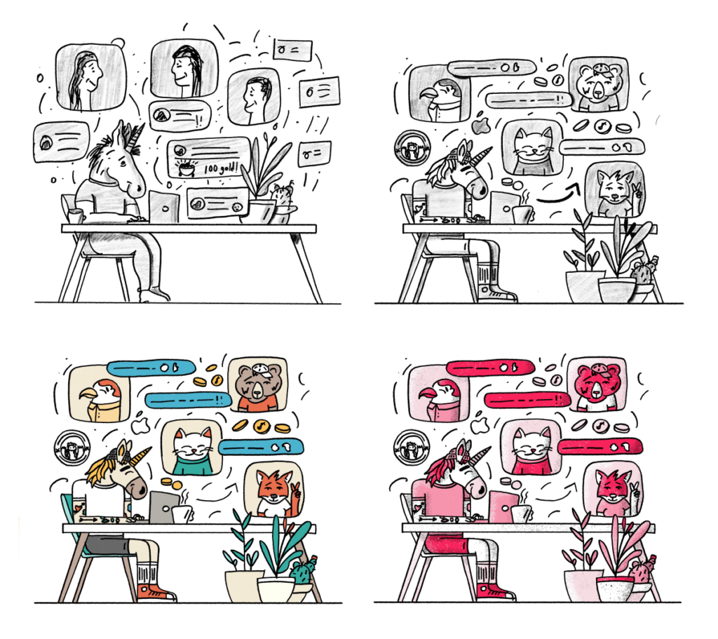 Processus en 4 étapes : du croquis à la couleur — Boring Friends
