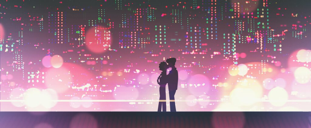 KPop Demon Hunters – silhouettes devant la ville nocturne — Charles Hilton