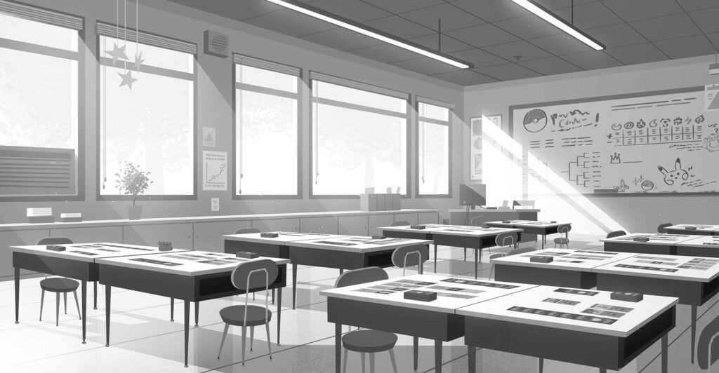Pokémon : Path to the Peak – salle de classe en valeurs de gris — Charles Hilton