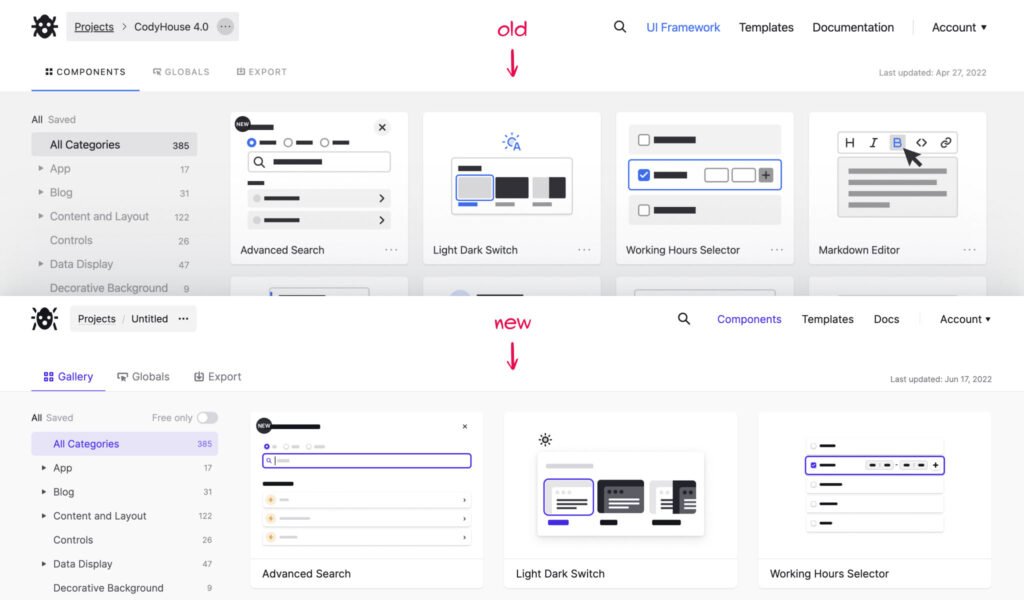 CodyHouse v4 — ancienne vs nouvelle galerie — Sebastiano Guerriero