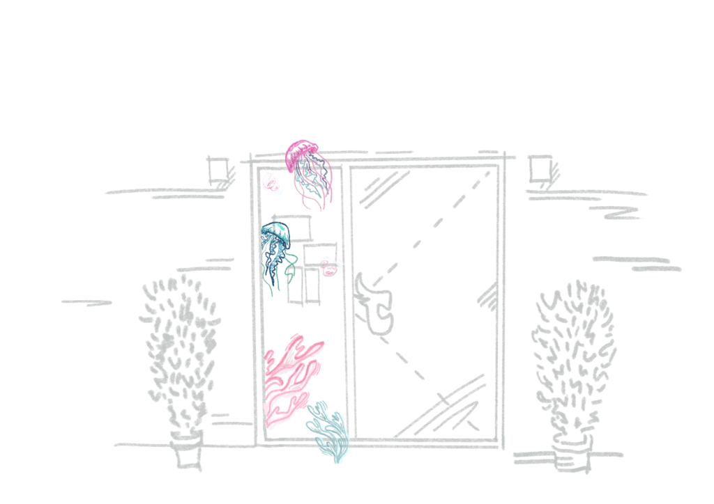 Cacatoès – croquis de vitrine (étape de travail) — Cominup