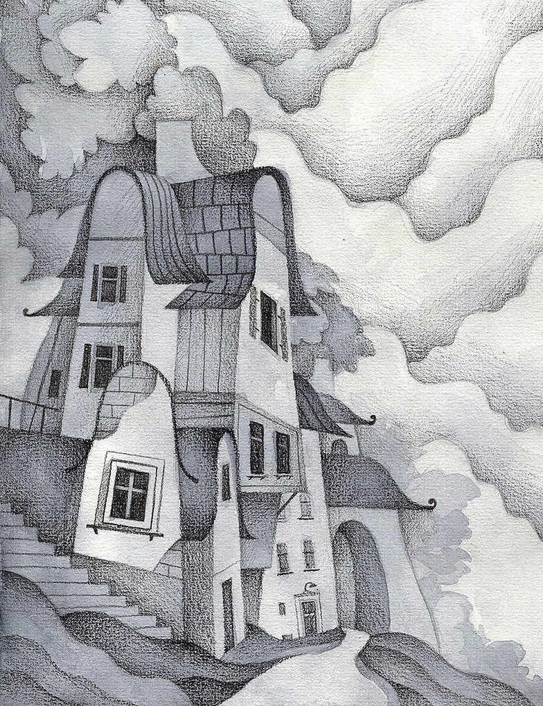 La maison dans les nuages, au crayon — Dan Gartman