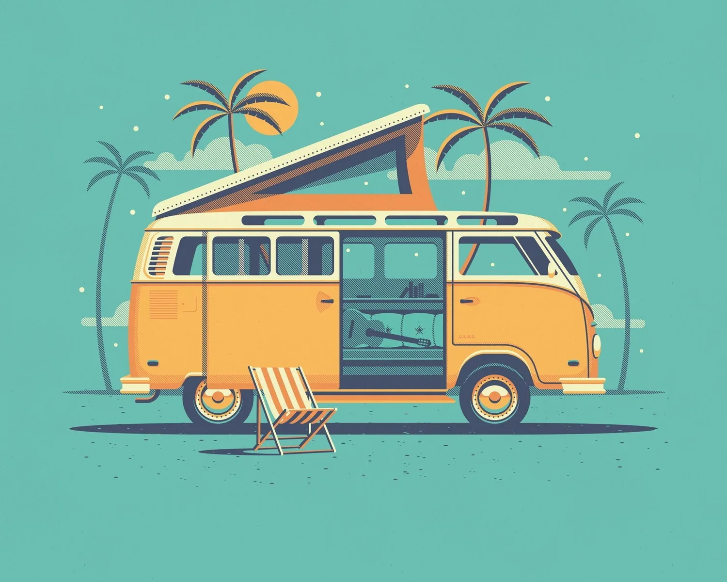 Estampe Camper, combi jaune sous les palmiers — DKNG