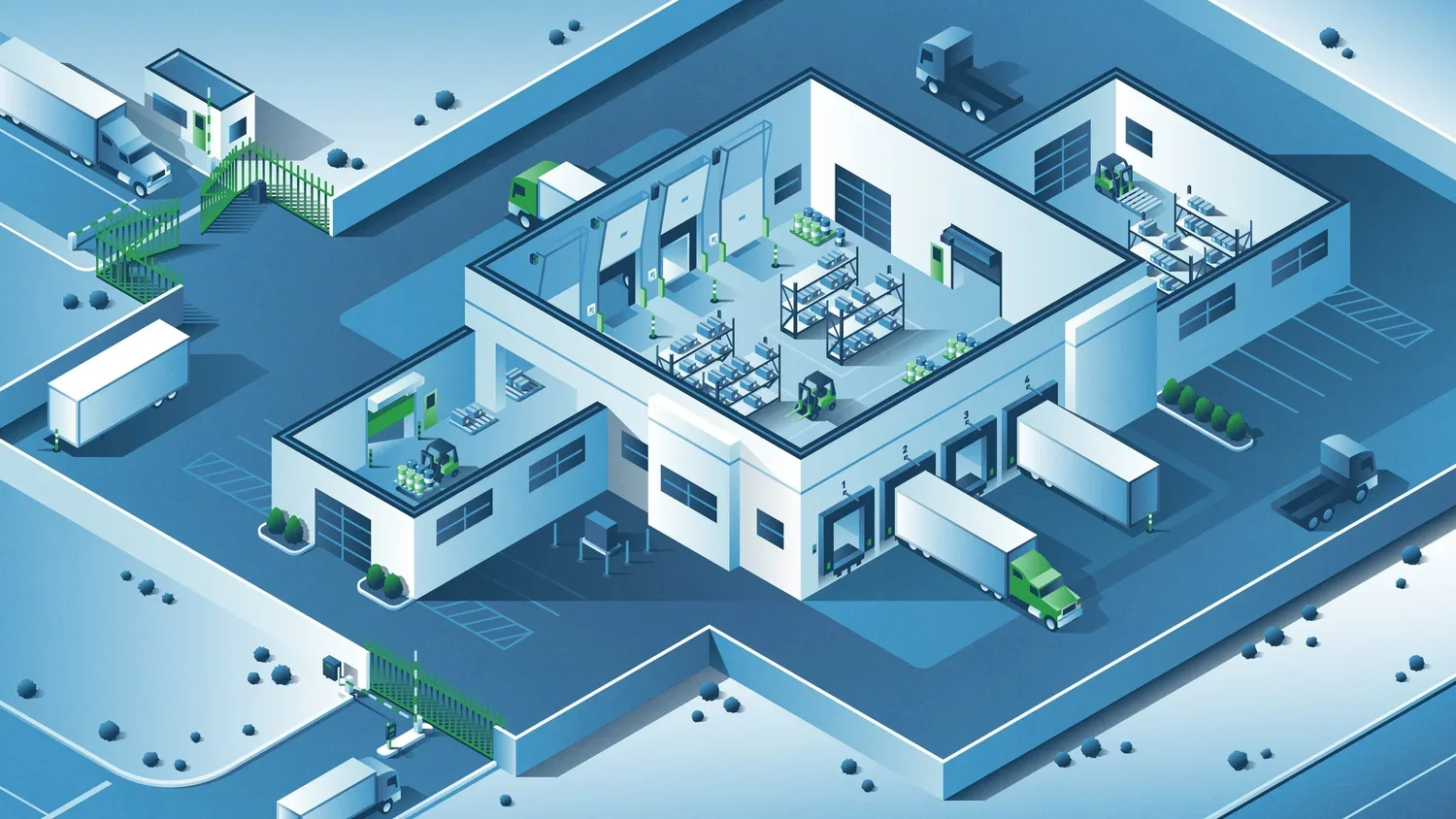 Illustration isométrique Chamberlain, usine — DKNG