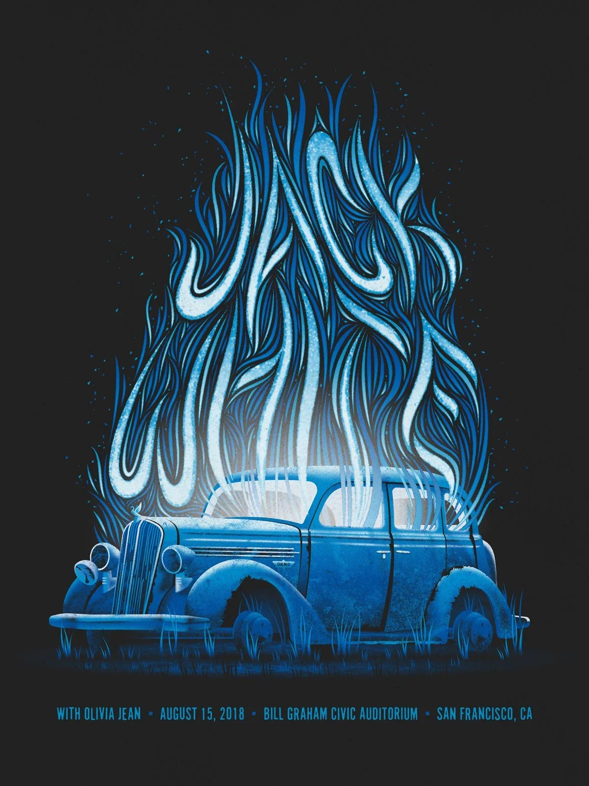 Affiche Jack White, voiture rouillée en flammes bleues — DKNG