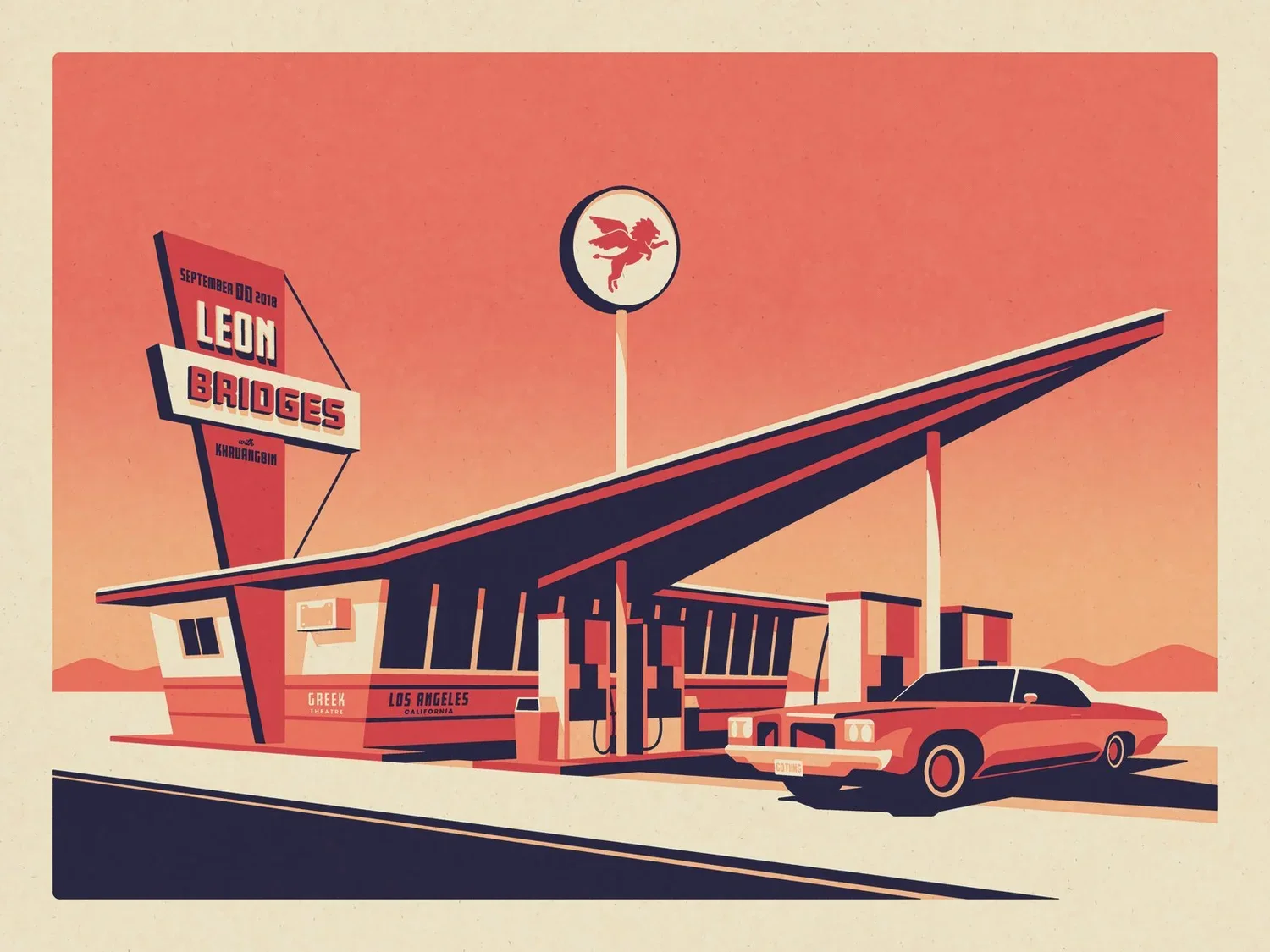 Affiche de concert pour Leon Bridges, station-service rétro — DKNG
