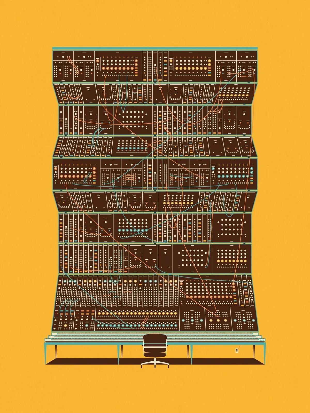 Estampe Moog, mur de synthétiseur sur fond jaune — DKNG