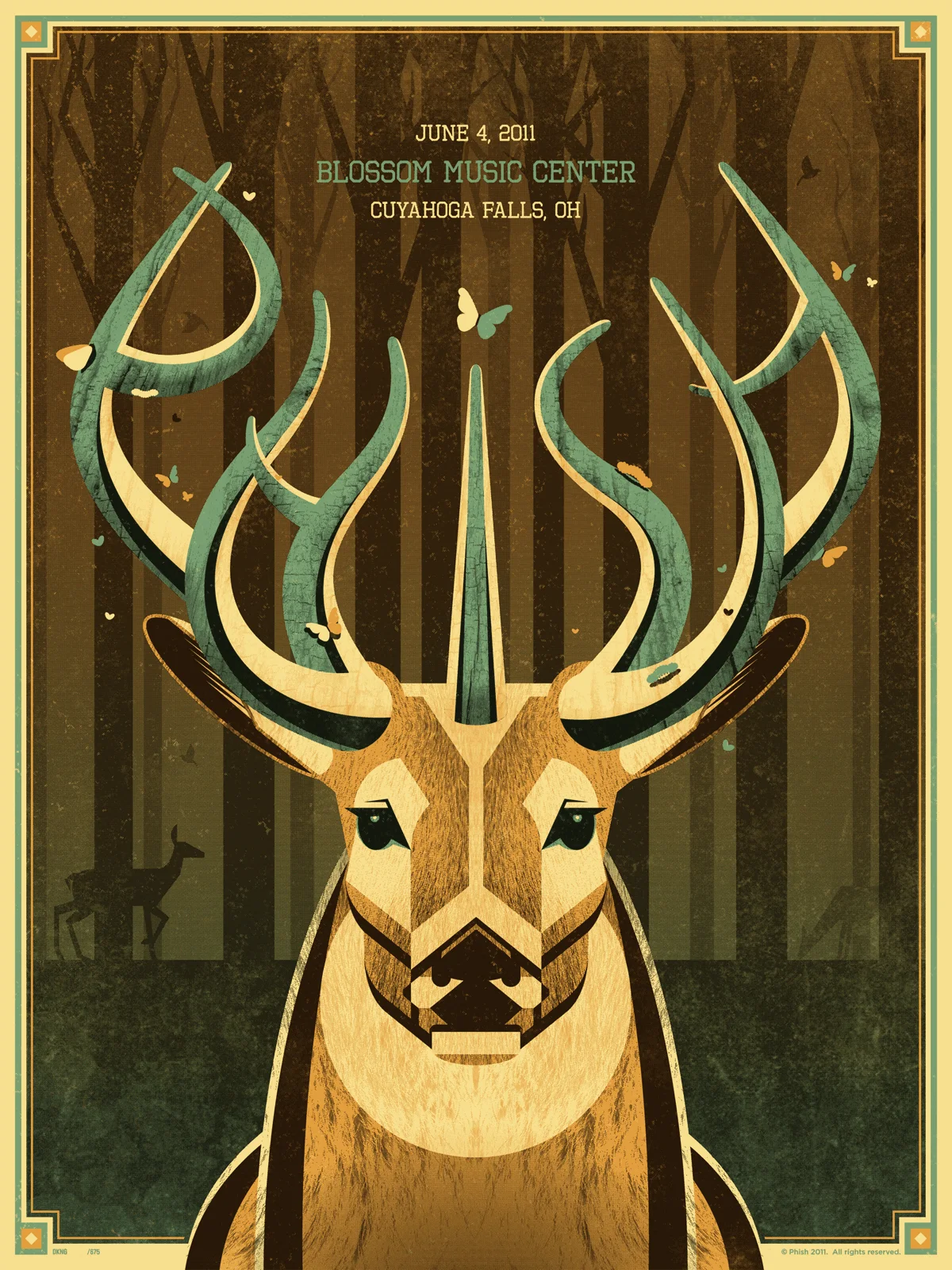 Affiche Phish, cerf entouré de bois ouvragés — DKNG