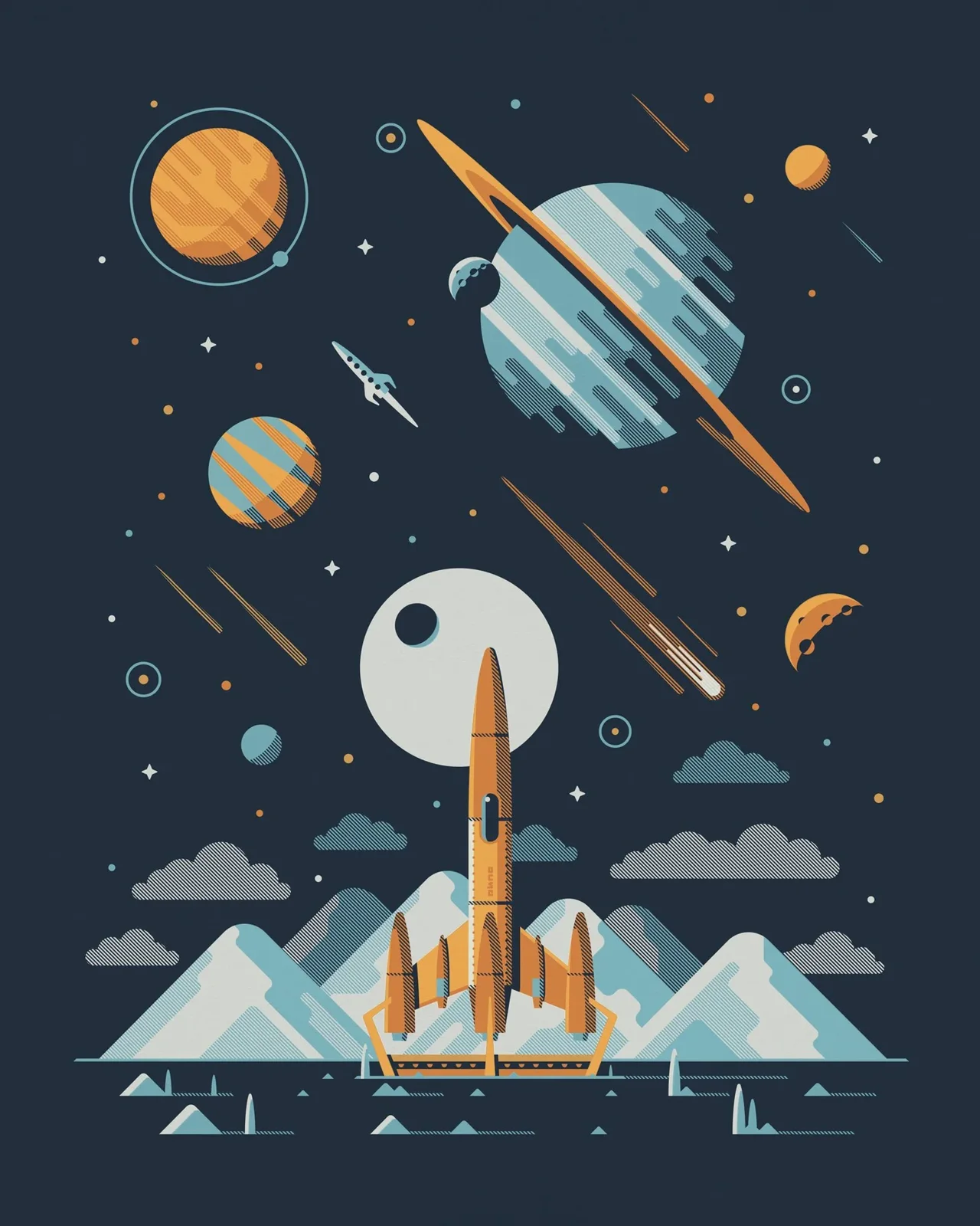 Estampe Rocketeer Europa, fusée sur fond bleu nuit — DKNG
