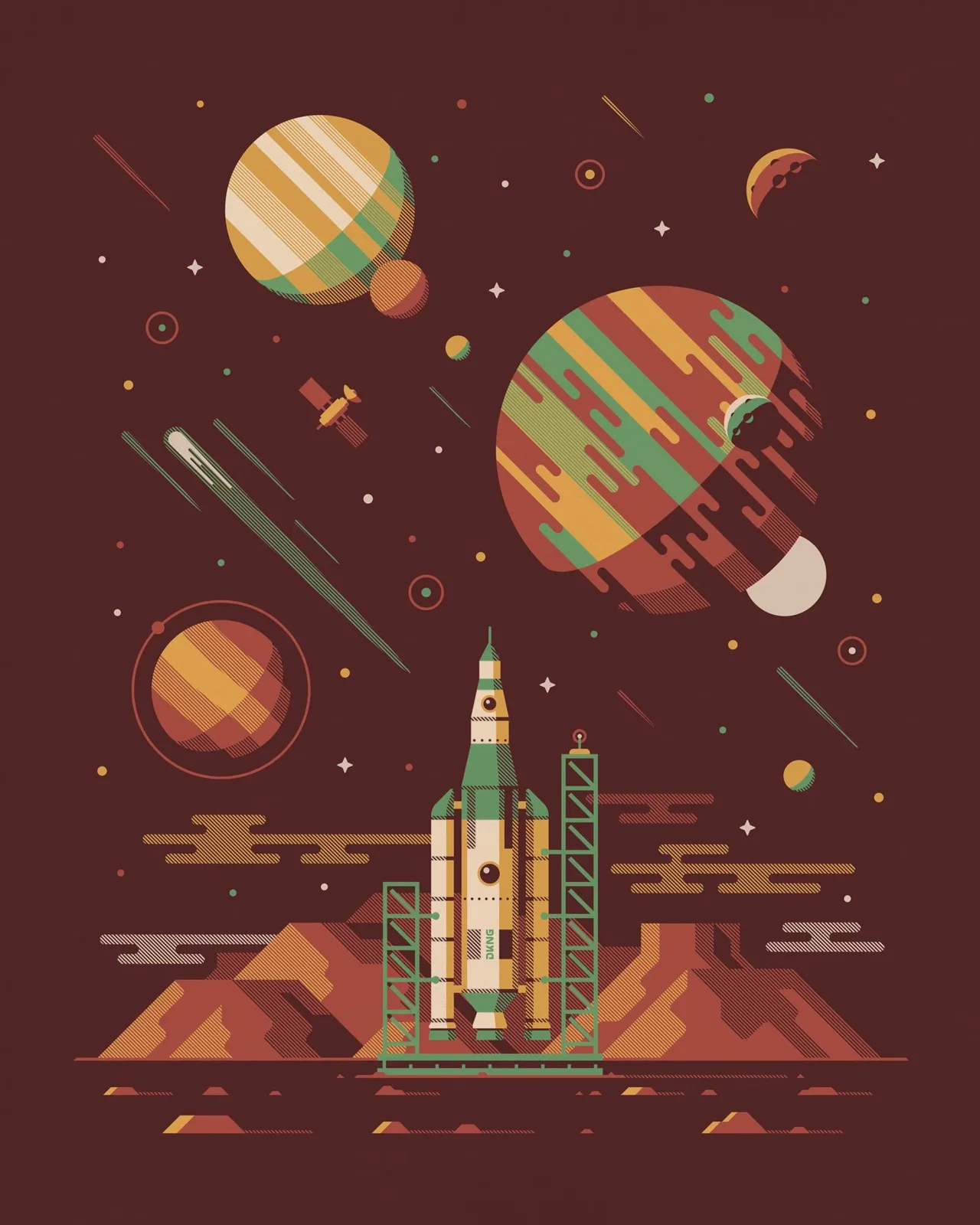 Estampe Rocketeer, fusée sur fond brun — DKNG