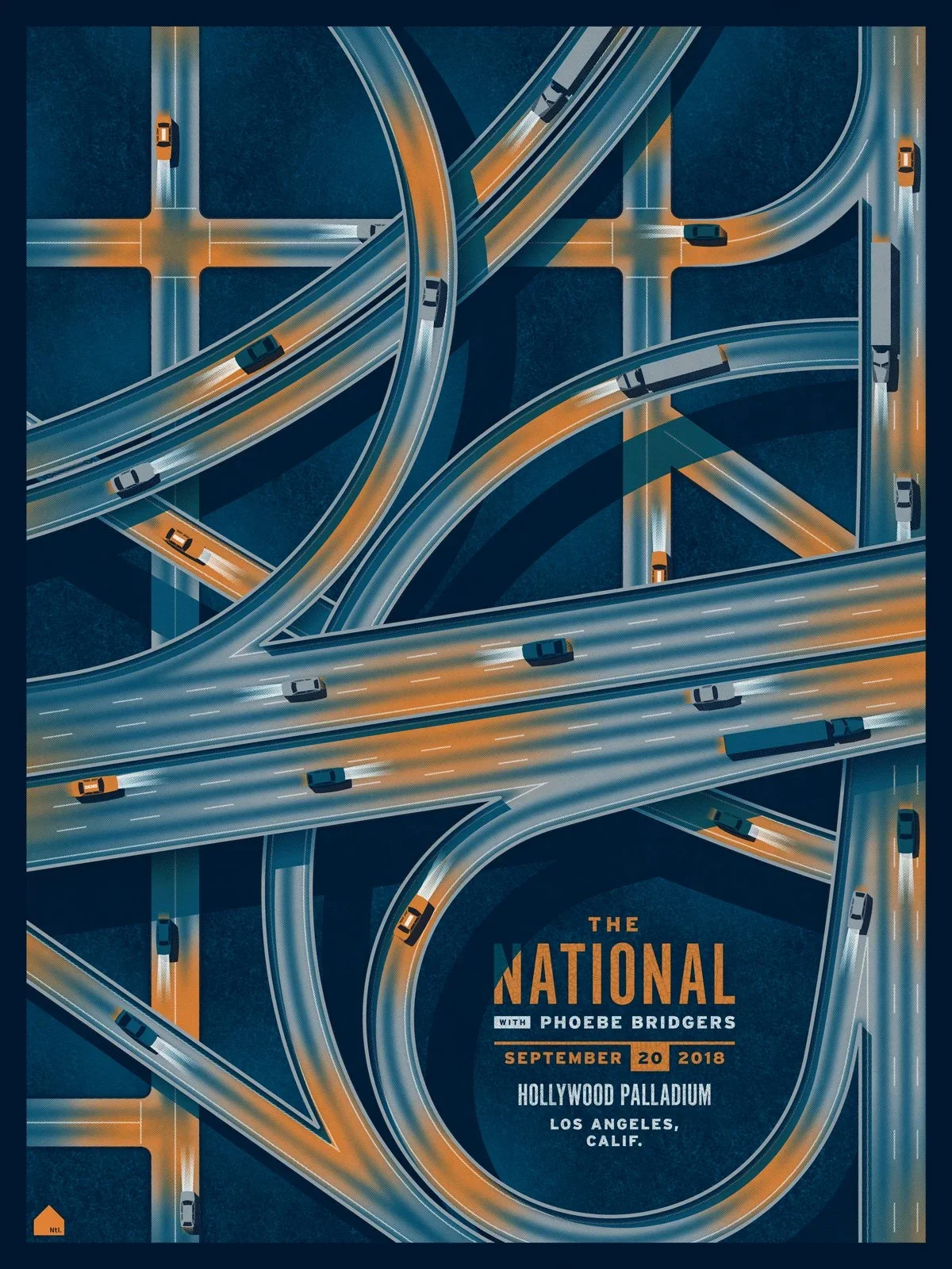 Affiche The National pour le Hollywood Palladium, labyrinthe d’autoroutes vu du ciel — DKNG