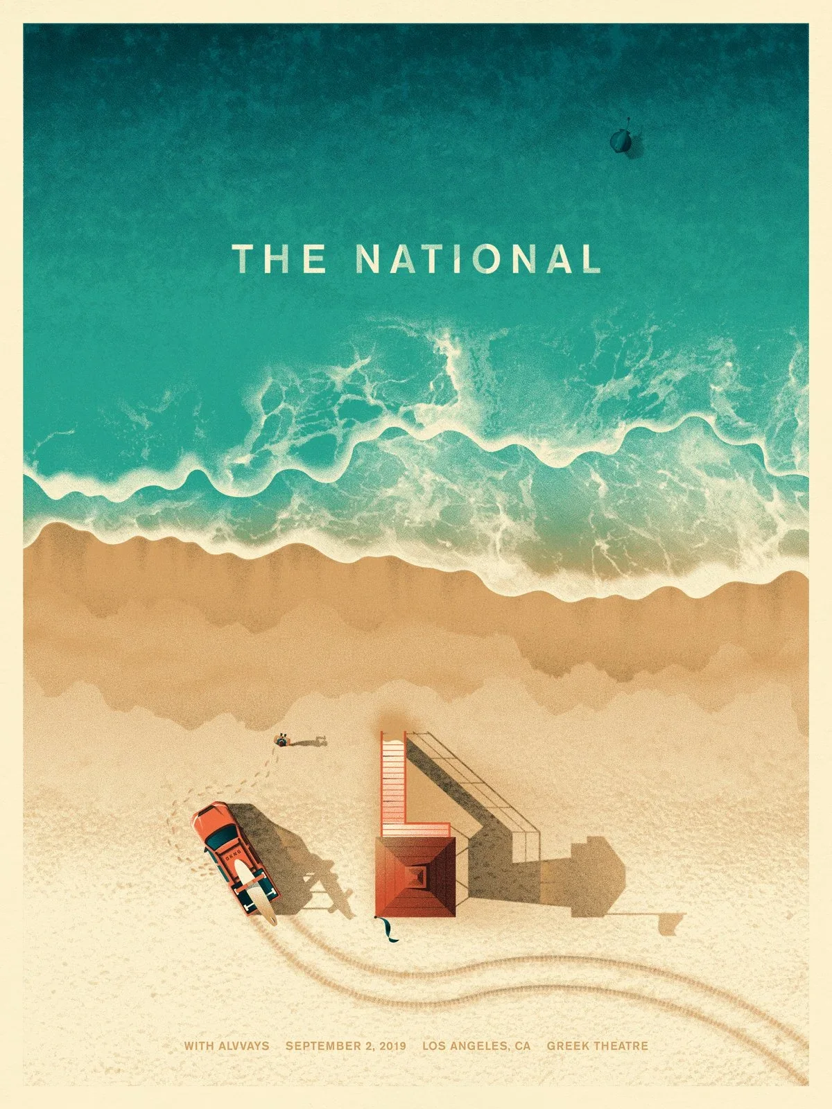 Affiche de concert pour The National, vue aérienne d’une plage — DKNG