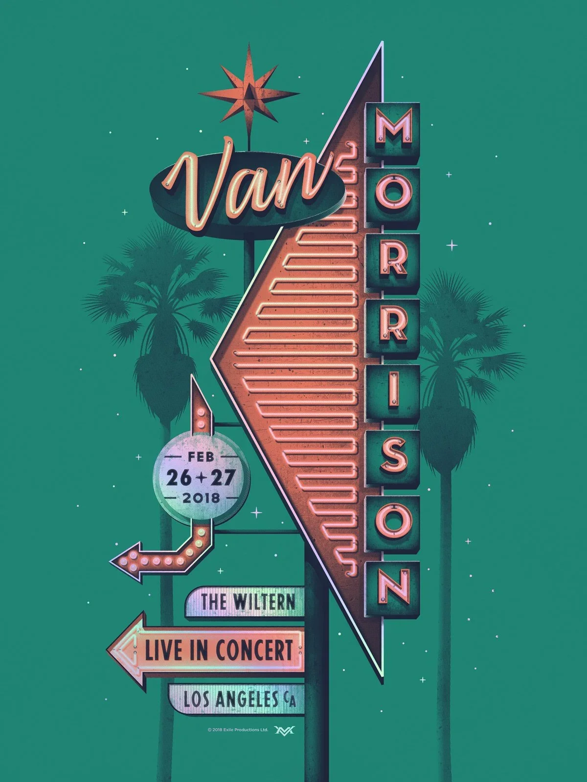 Affiche Van Morrison pour Los Angeles, enseigne néon sur fond turquoise — DKNG