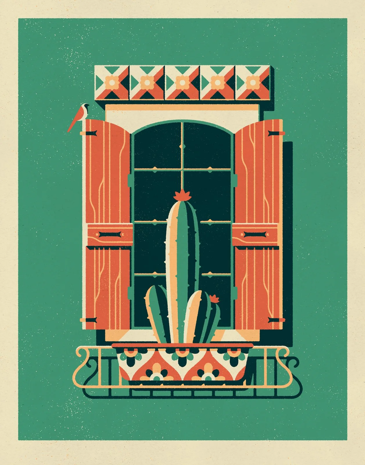 Estampe Ventana, fenêtre aux volets verts et cactus — DKNG