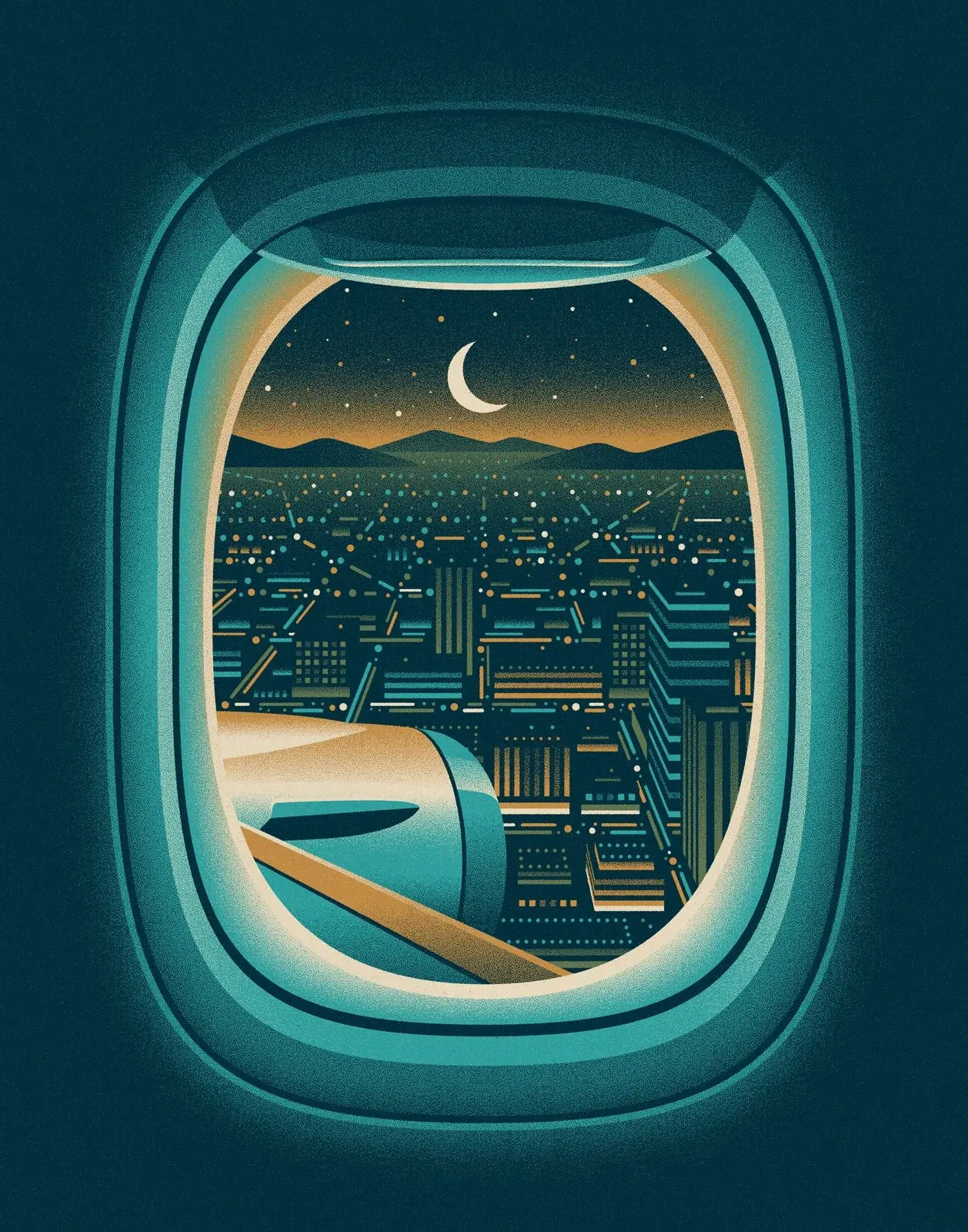 Estampe Window Seat Mainland, ville de nuit vue du hublot — DKNG