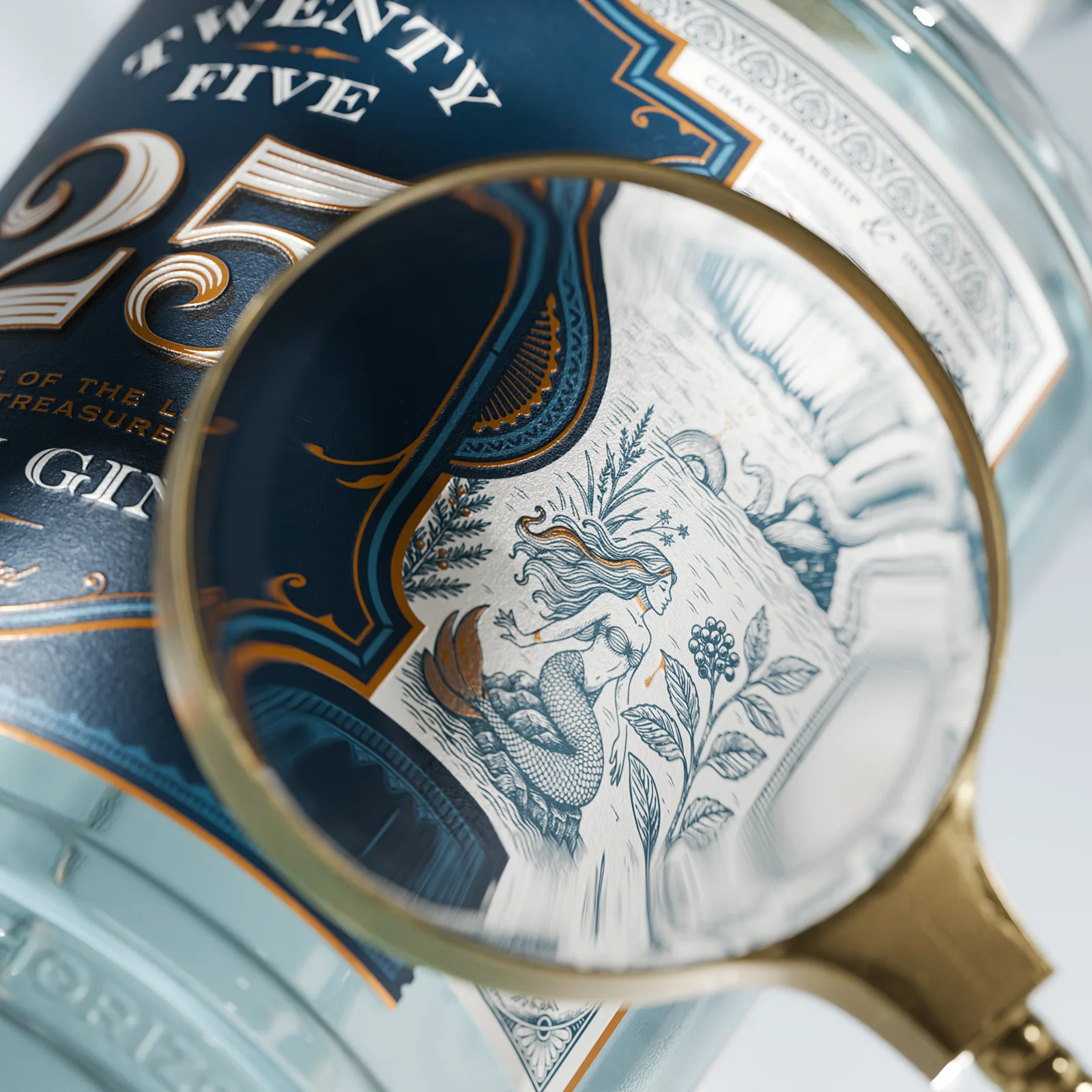 Étiquette du Twenty Five Dry Gin vue à travers une loupe — Dusan Sol