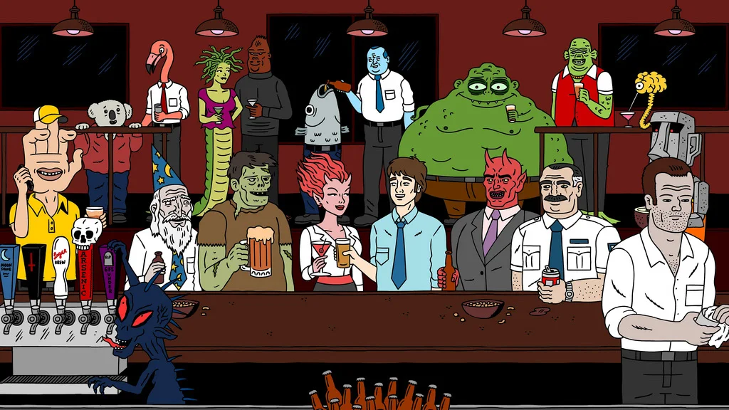 Les personnages d’Ugly Americans au bar — Devin Clark