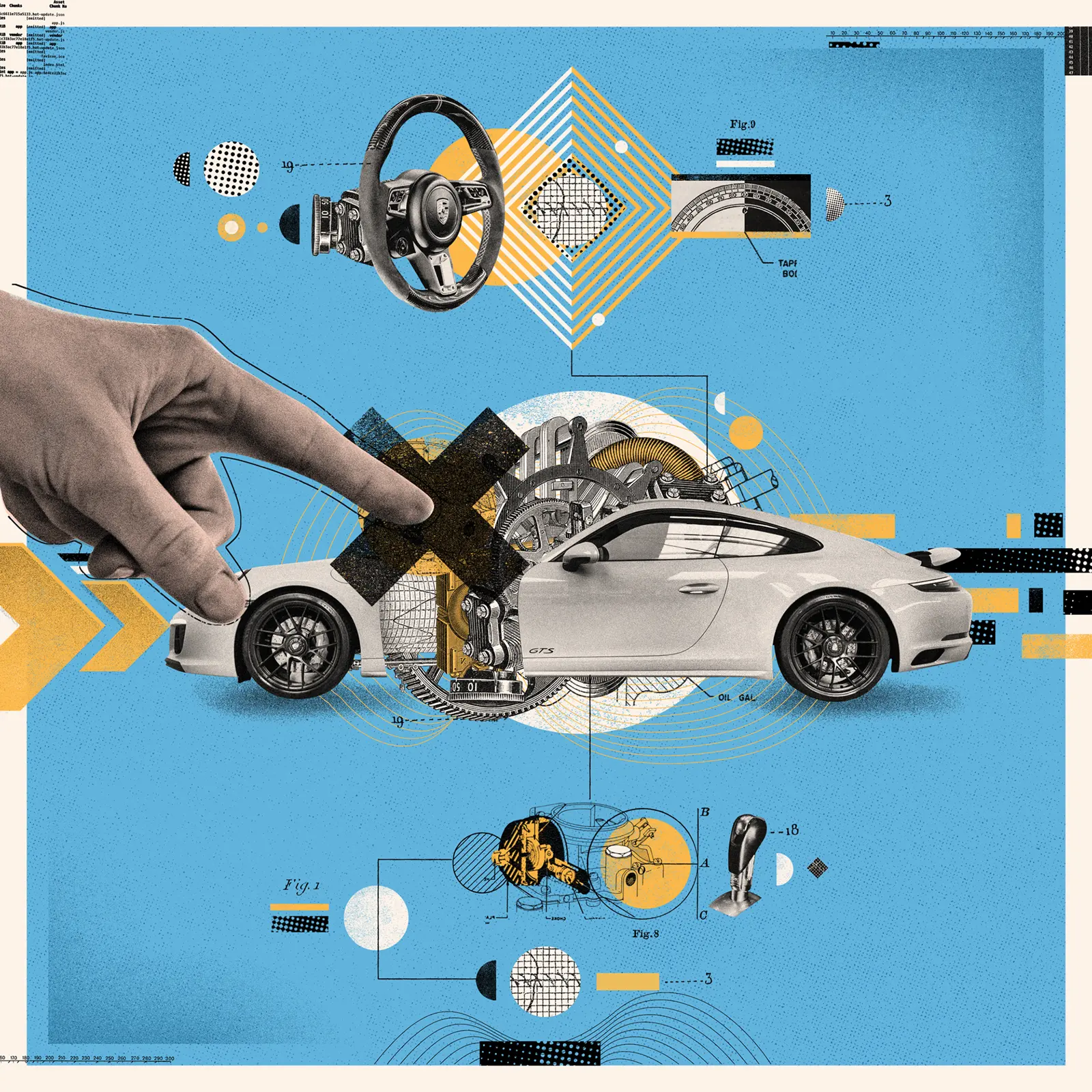 Porsche 911 et mains en collage — Eduardo Ramón (000 Magazine)