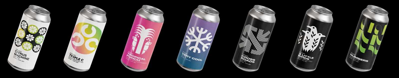 Canettes Croma Beer alignées, motif vert et argent — Ethan Fender