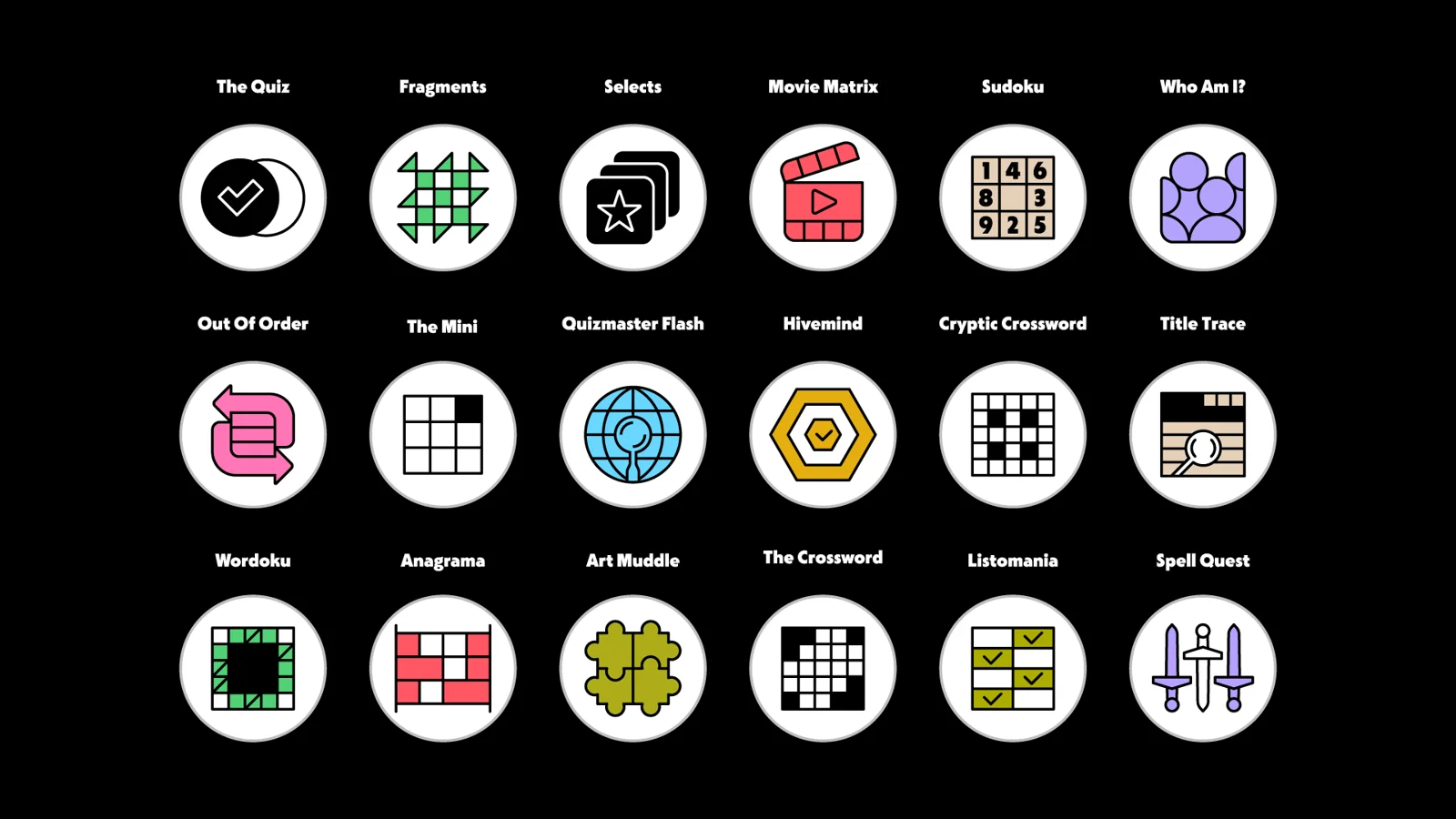 Grille d’icônes de jeux et de puzzles en traits noirs — Ethan Fender