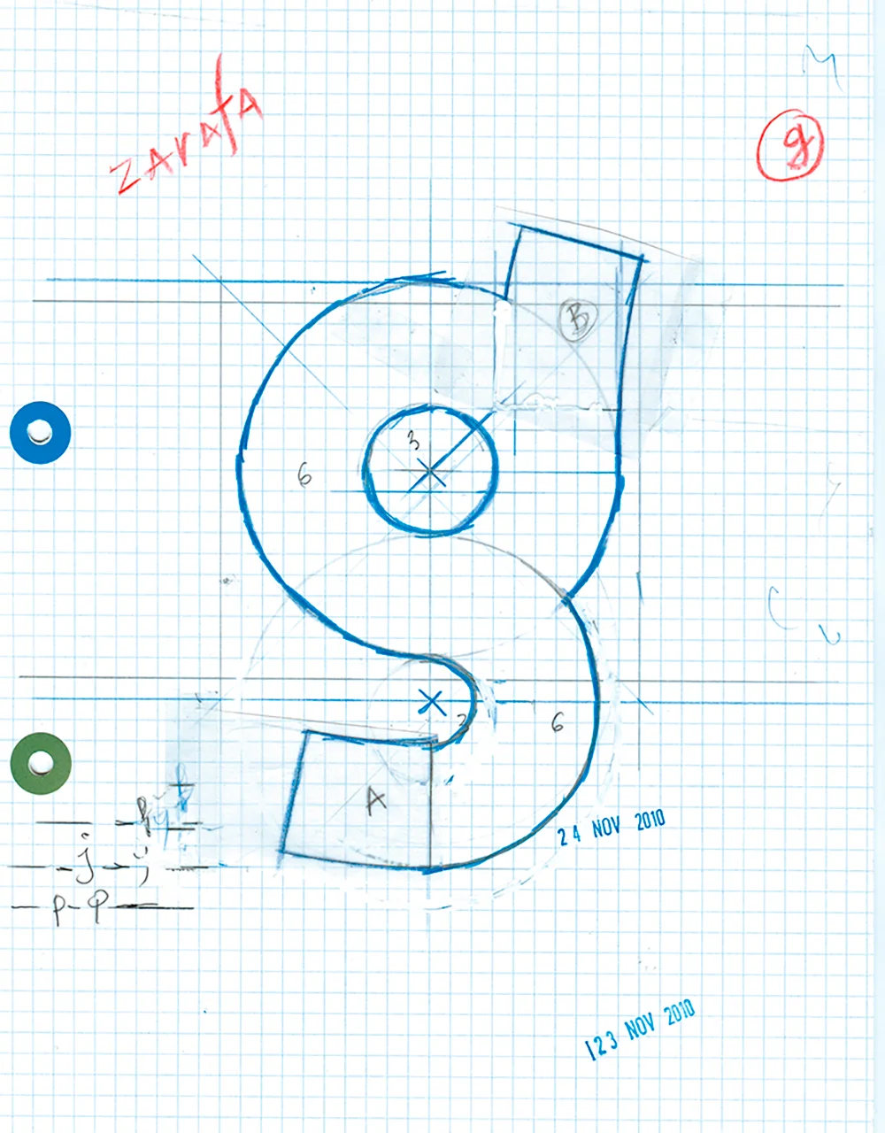 Dessin préparatoire d’un chiffre 9