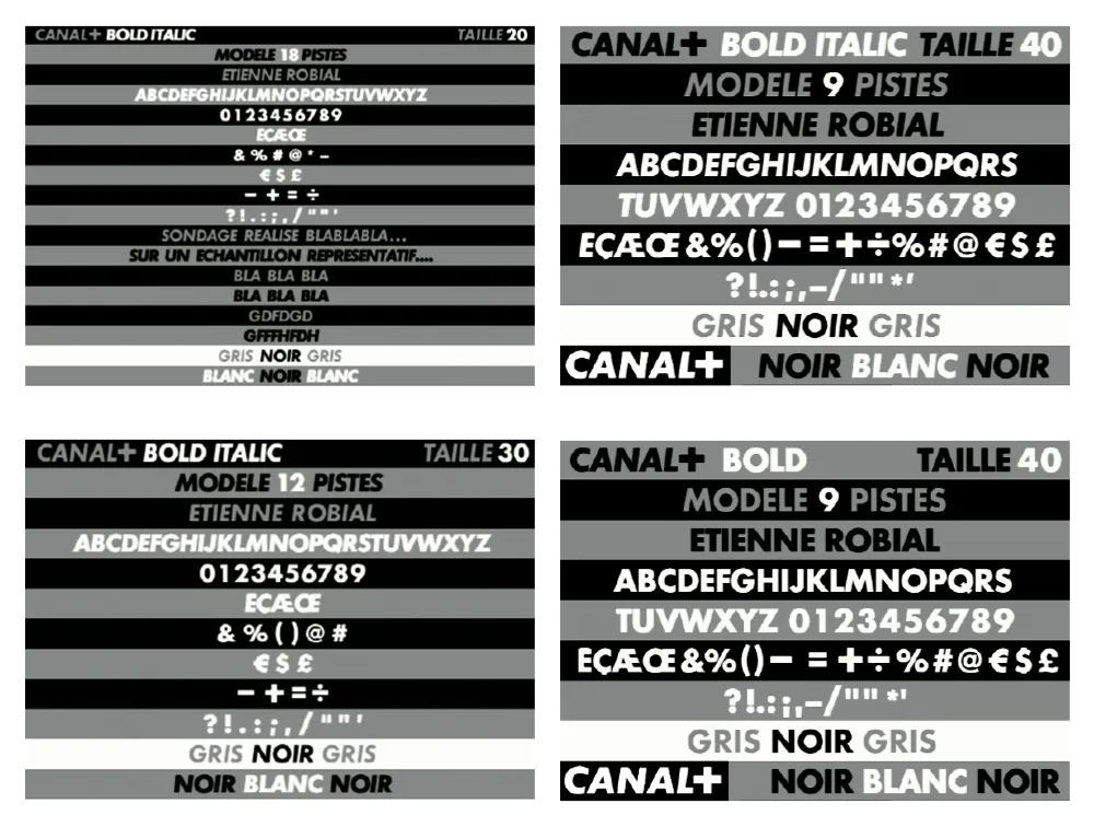 Planche de caractères de la typographie Canal+ en plusieurs graisses et italiques — Étienne Robial
