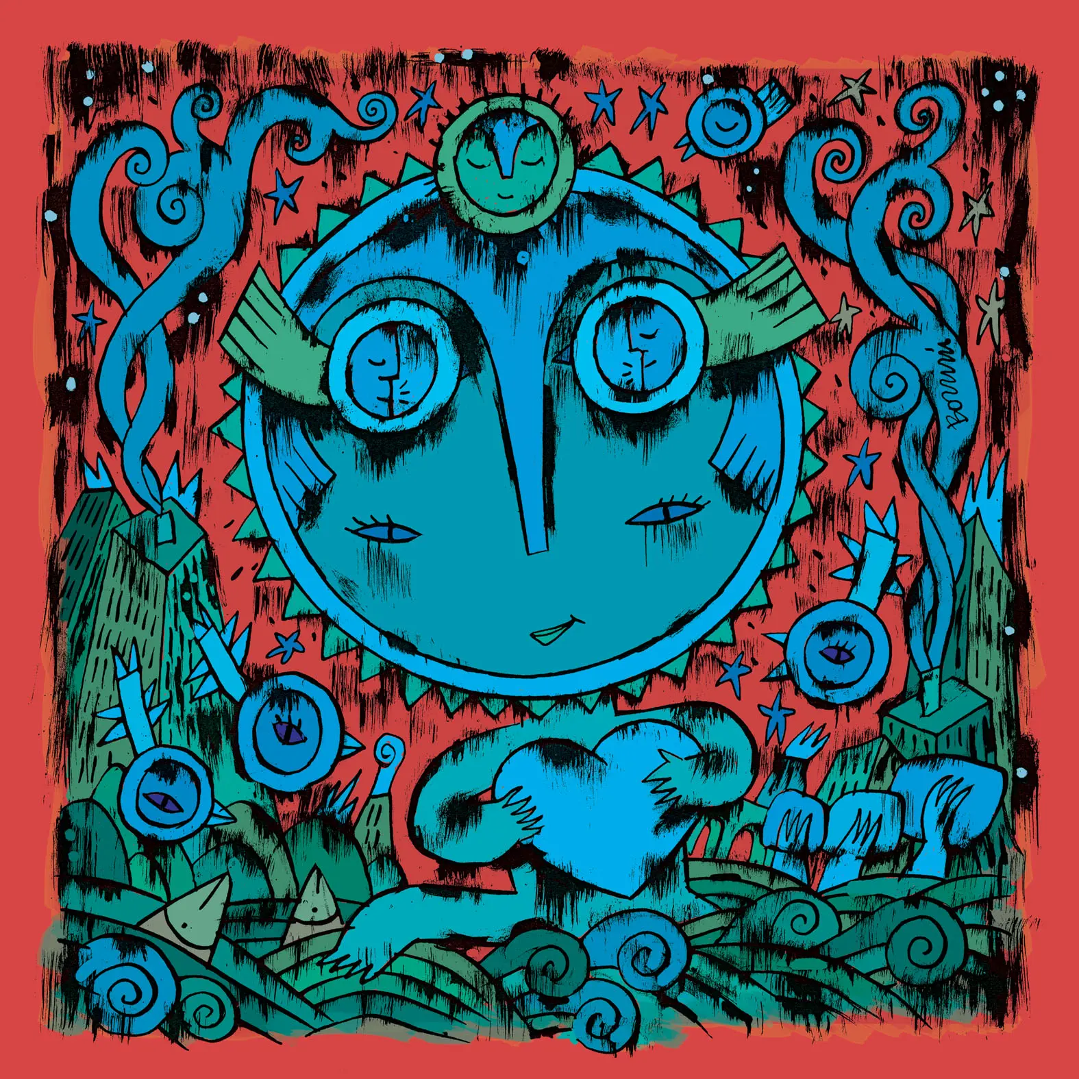 Figure bleue sur fond rouge